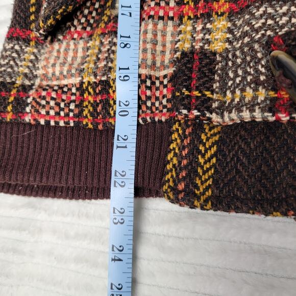 BKE Plaid Wool Toggle Coat Jacket M Hooded Brown Red Yellow Check Y2K Retro - Picture 5 of 7